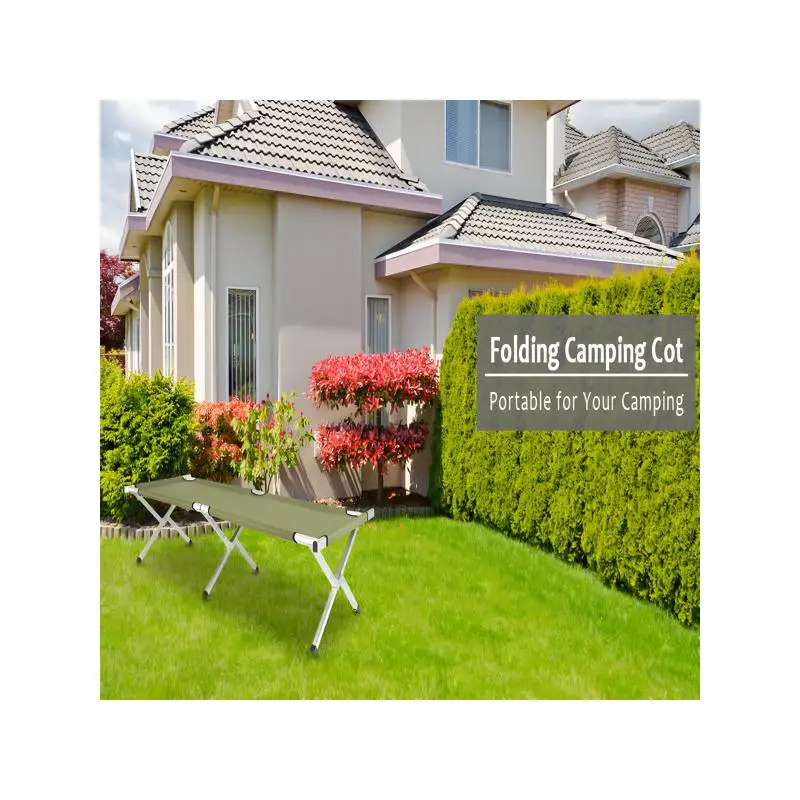 سرير تخييم محمول قابل للطي مع حقيبة حمل، لون أخضر عسكري، سهل الحمل والإعداد، مثالي لحلول النوم في الهواء الطلق