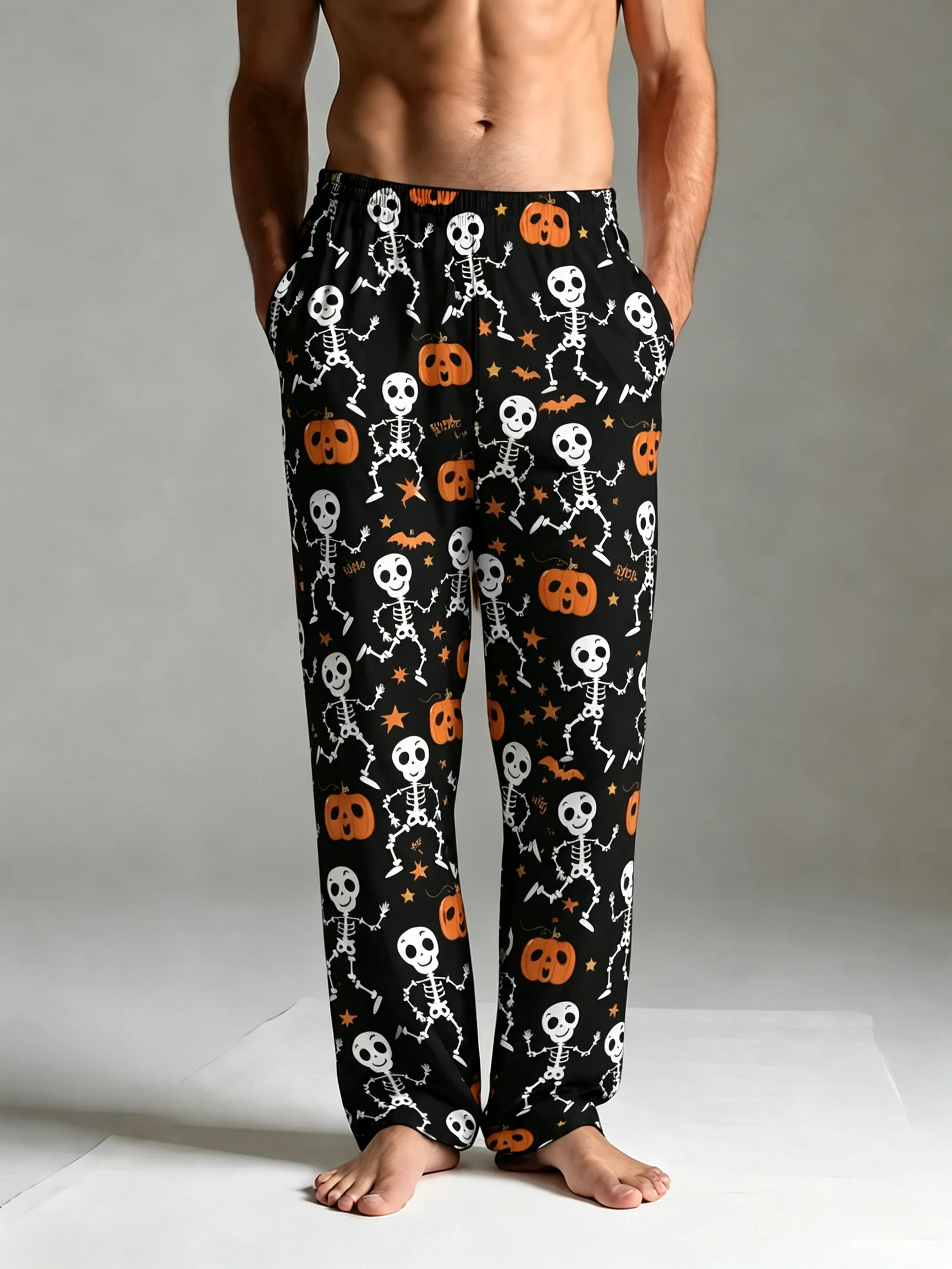unny Halloween Skull Lounge Pants Elastic Waist Pumpkin Print Holiday Casual Sleepwear Black Skeleton Pyjamas Men Women