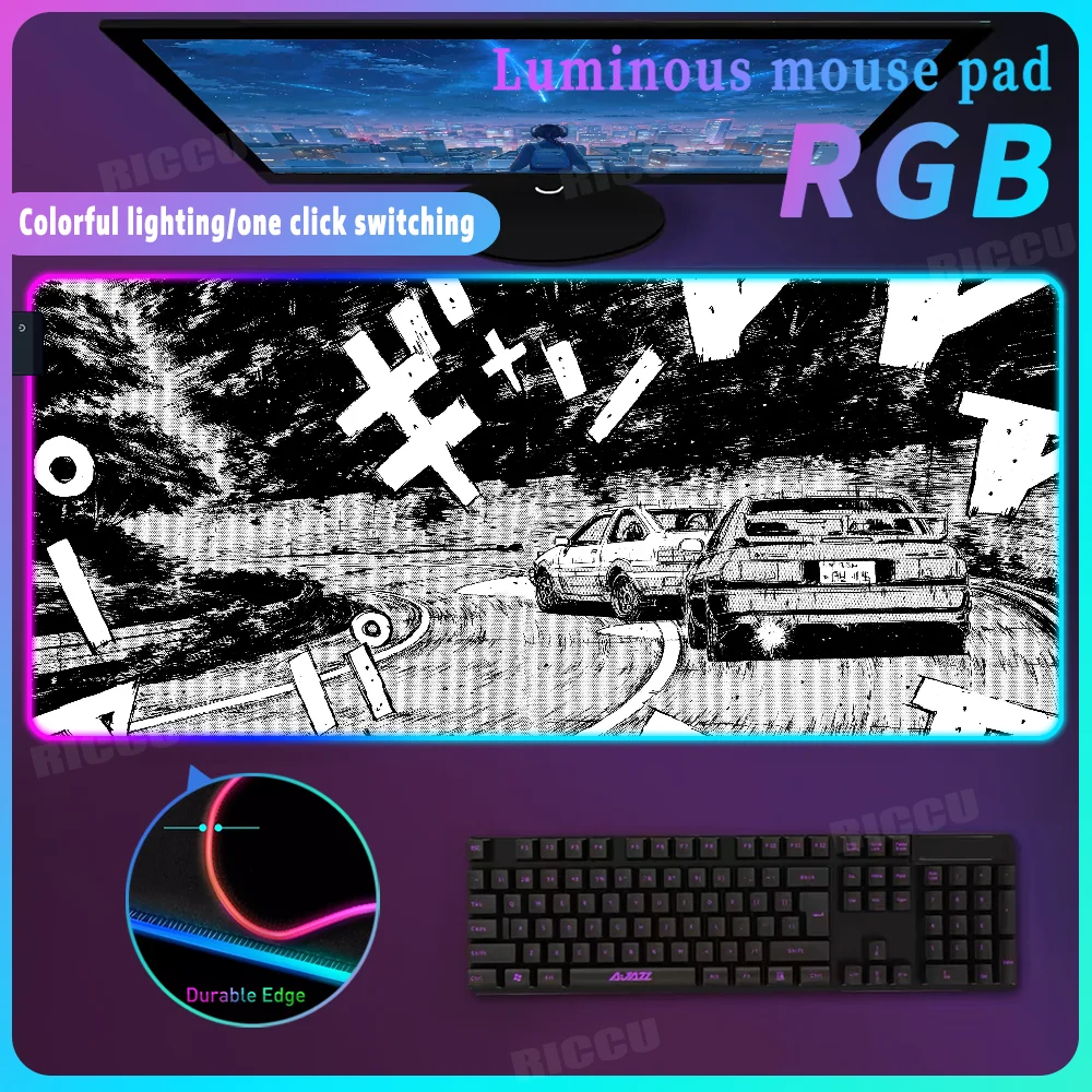 Initial D Mousepads RGB Keyboard Mat Lighting mause XL carpet Backlight Mousepad Colorful glow Black White Art HD Large Mousepad