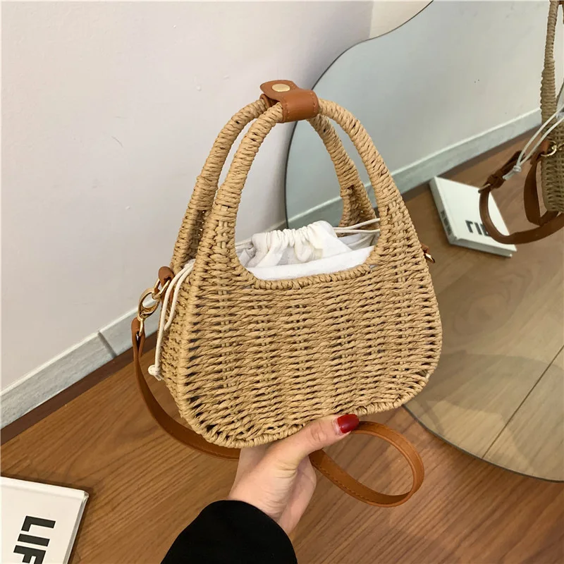 Bolsa de tecido de palha retrô simples para senhoras, bolsa de ombro única, crossbody, design de nichos, moda férias, casual, nova, verão, 2024