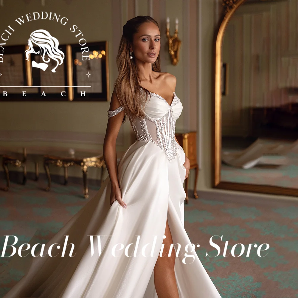 Beach Off-Shoulder Sweetheart Neckline ภาพลวงตาเอว High Slit ชุดเจ้าสาวพร้อมรถไฟ Elegant Modern ชุดแต่งงานที่กําหนดเอง