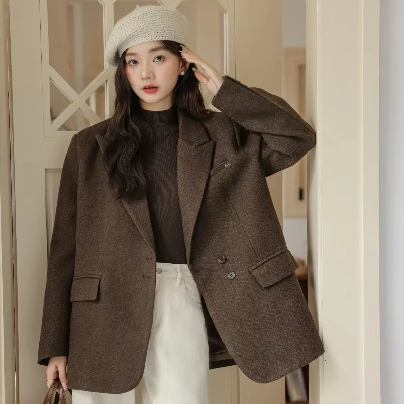 High Sense Women's Woolen One-sided Tweed Suit Coat 2024 Autumn Winter All-match Woolen Jacket Loose Casual Thick Blazer Women