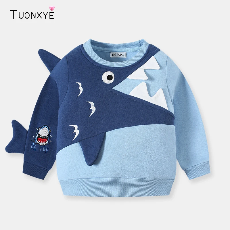 TUONXYE Winter Boys Long Sleeve Sweatshirts Velvet Cute Cartoon Shark Embroidery Soft Cotton Baby Children\'s Pullover Clothes
