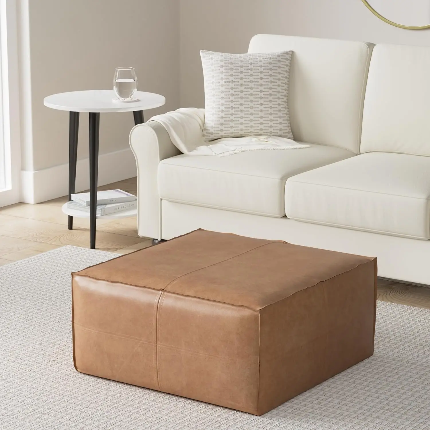 30-inch Wide Large Square Coffee Table Pouf in Distressed Brown, Vegan Faux Leather Ottoman,Footrest,or Extra Seating,Hot Sale