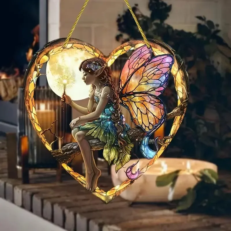 1pcs Magical Fairy Magic Night Fairy Suncatcher Stained Glass Acrylic Heart Wall Hanging For Home And Garden Outdoor Decorative