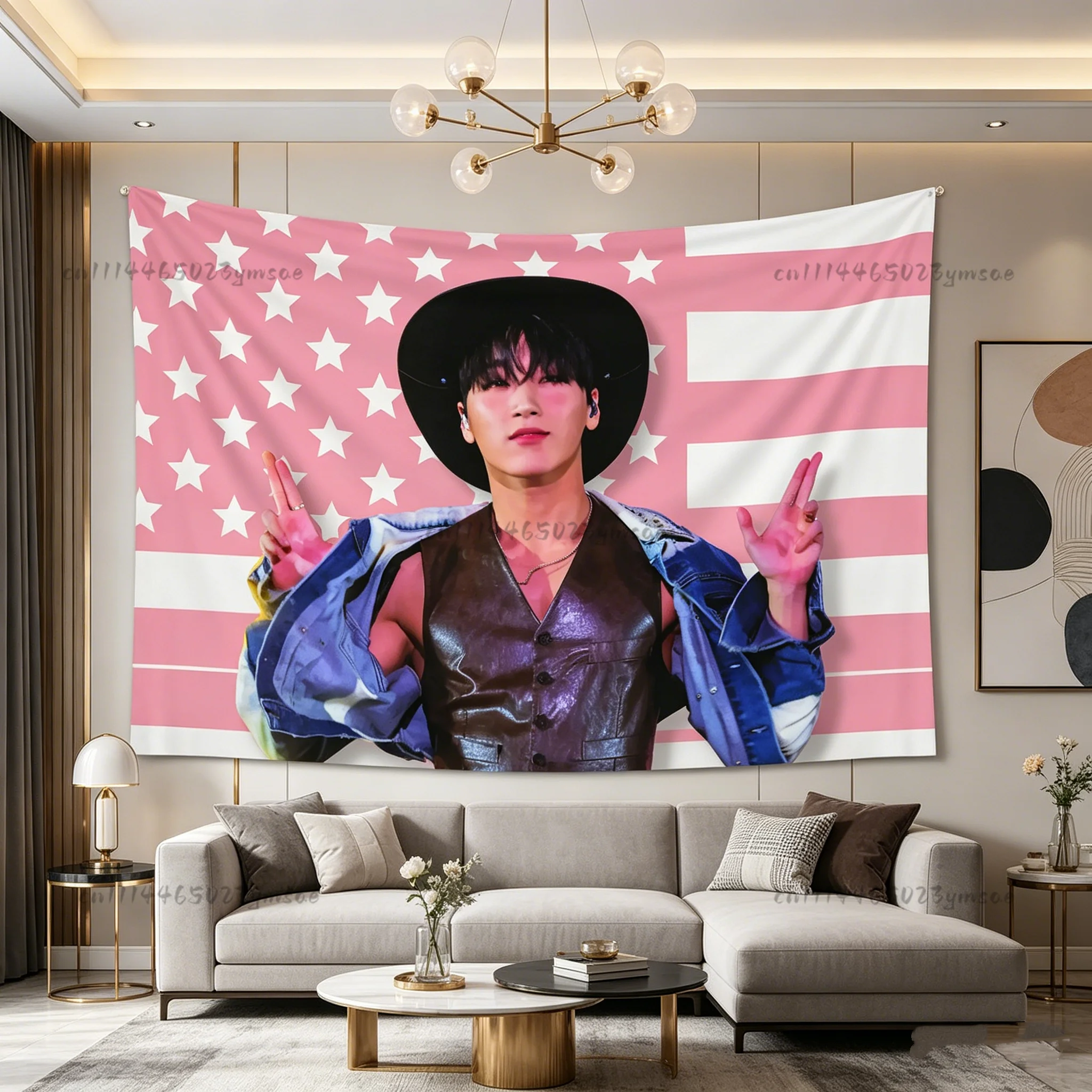 Kpop Star Poster Wall Tapestry A-Ateez-San Cowboy Pink American Flags Tapestries Bedroom Wall Hanging Background Cloth Fans Gift