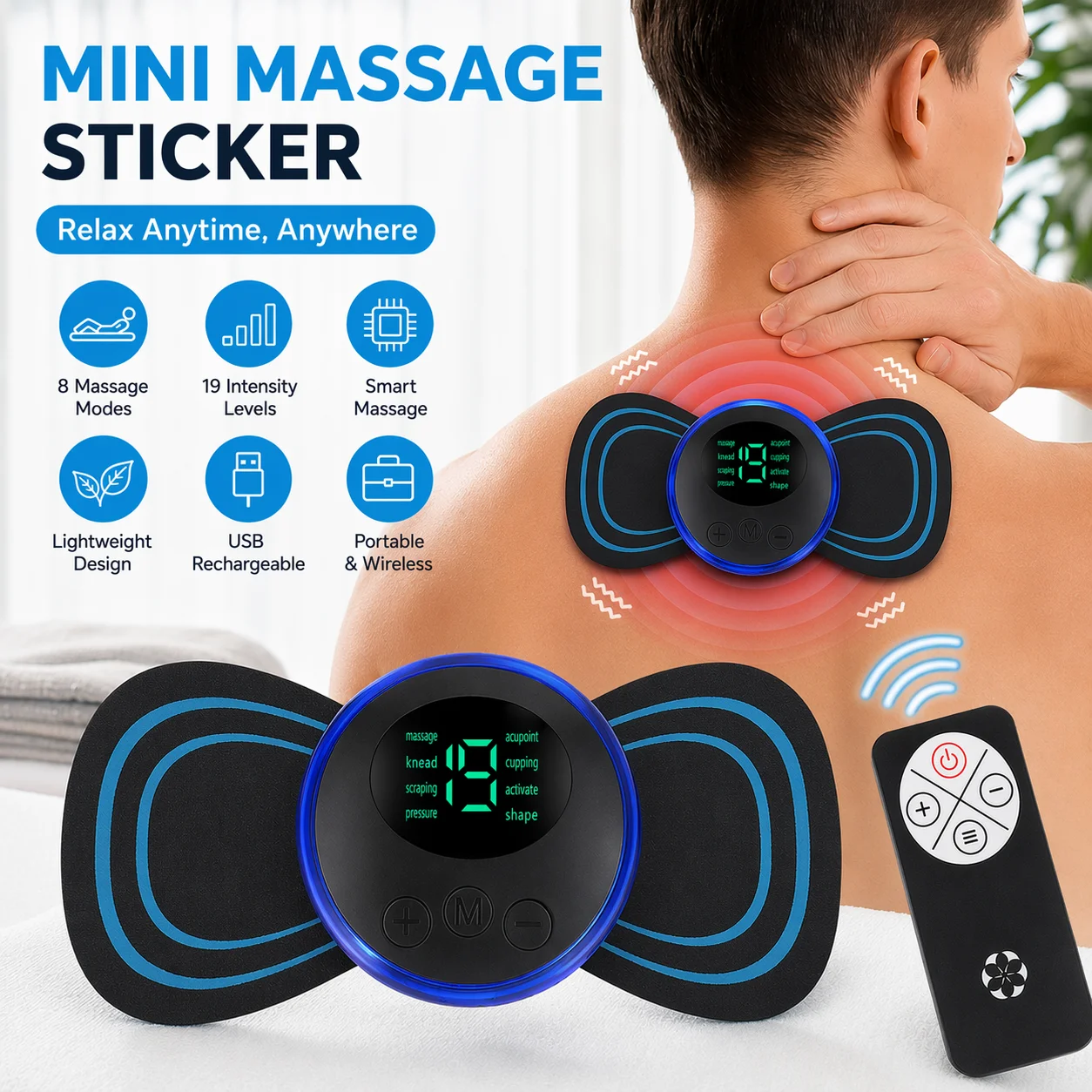 EMS Neck Massager 8 Modes 19 Levels Remote Control Mini Electric Pulse Device for Shoulder Back Arms Legs Office Travel 5 Pads