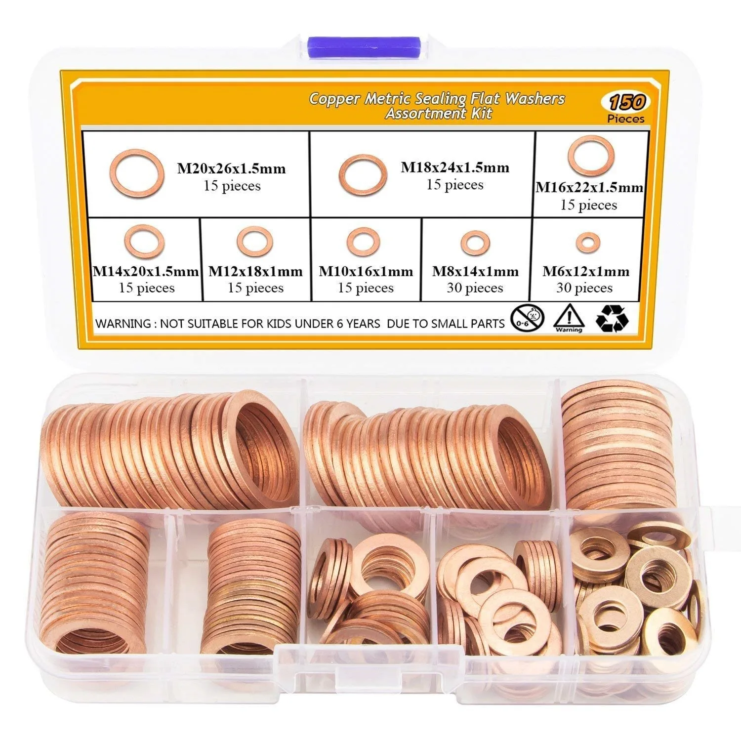 150PCS 8 Sizes Copper Metric Sealing Flat Washer Assortment Kit M6 M8 M10 M12 M16 M20