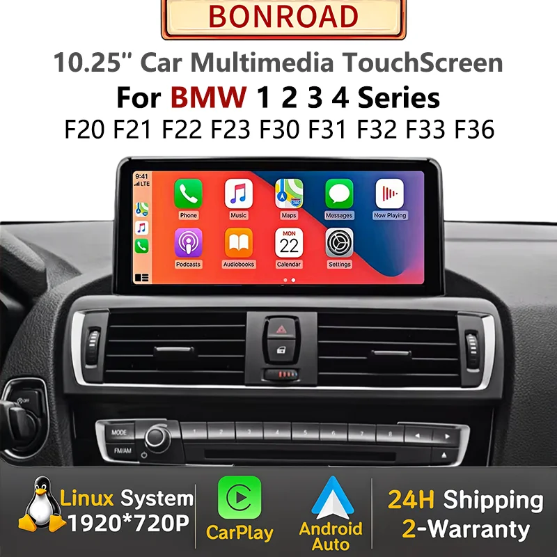 Schermo multimediale Bonroad 10.25" Wireless CarPlay Android Auto Linux per BMW Serie 1 2 3 4 F20 F21 F23 F30 F31 F32 F33 F34 F36