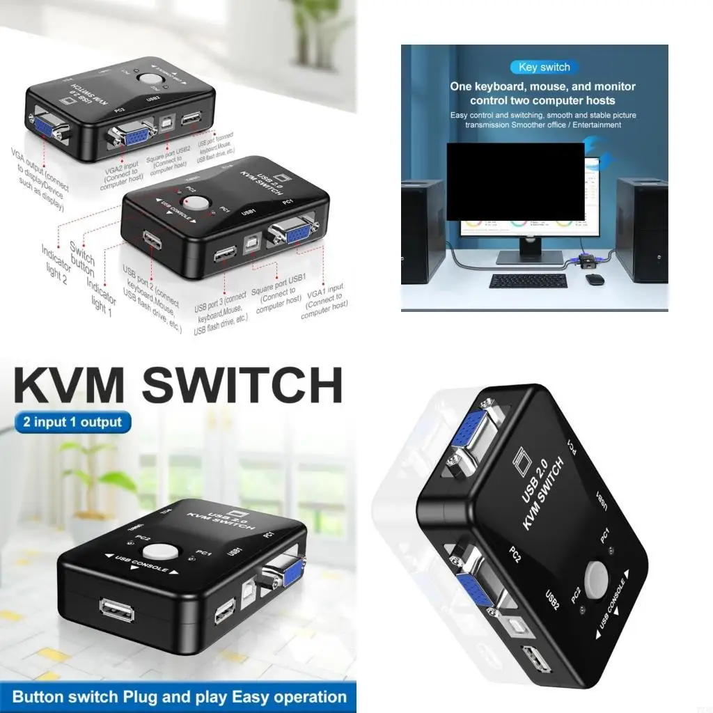

USB KVM Switcher 1080P VGA for Easy Double Computer Access Efficient Management 77JC