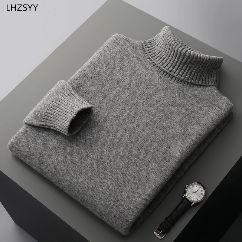 LHZSYY Fall/Winter Cashmere Sweater Men's New Lapel Thick Pullovers Youth Loose Warm Bottoming Shirt Pure Wool Casual Knit Tops