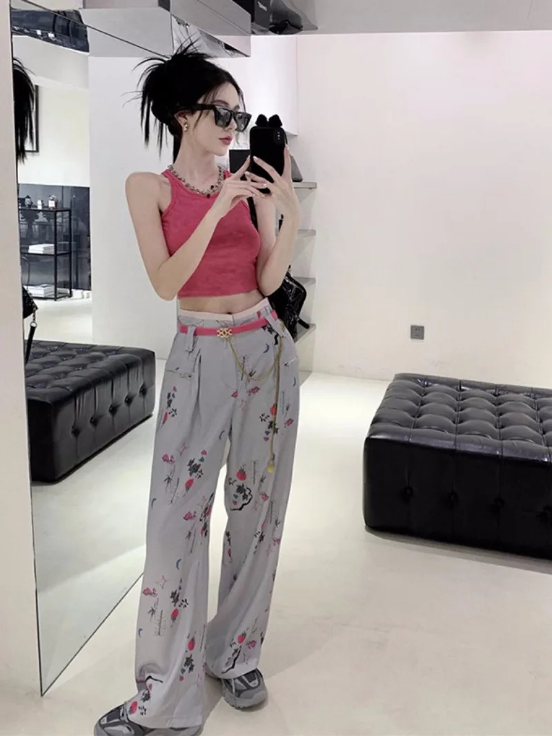 

Shpmishal Korean Fashion Straight Tube Floral Summer New High Waisted Slimming Floor Long Wide Leg Pants Female Clothing