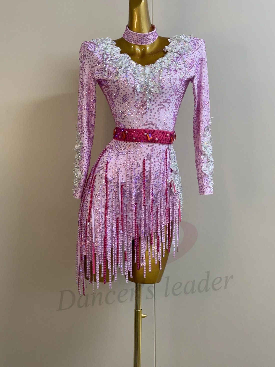 Latin Dancer Adult Children High end Customized Collar Embroidered Dress Black Pool AB Stone Practice Match Dress