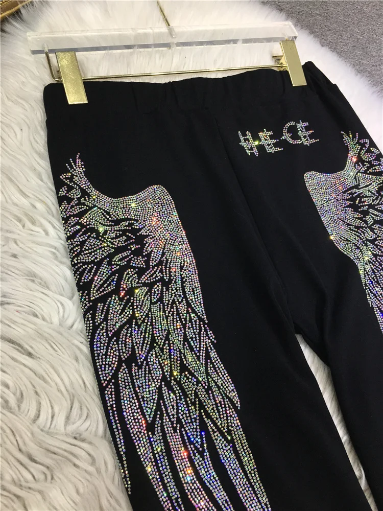 High Qaulity Big Wings Hot Drilling Women Leggings Summer Black Cotton Knee-length Pants Elastic Waist Fitness Yoga Leggings