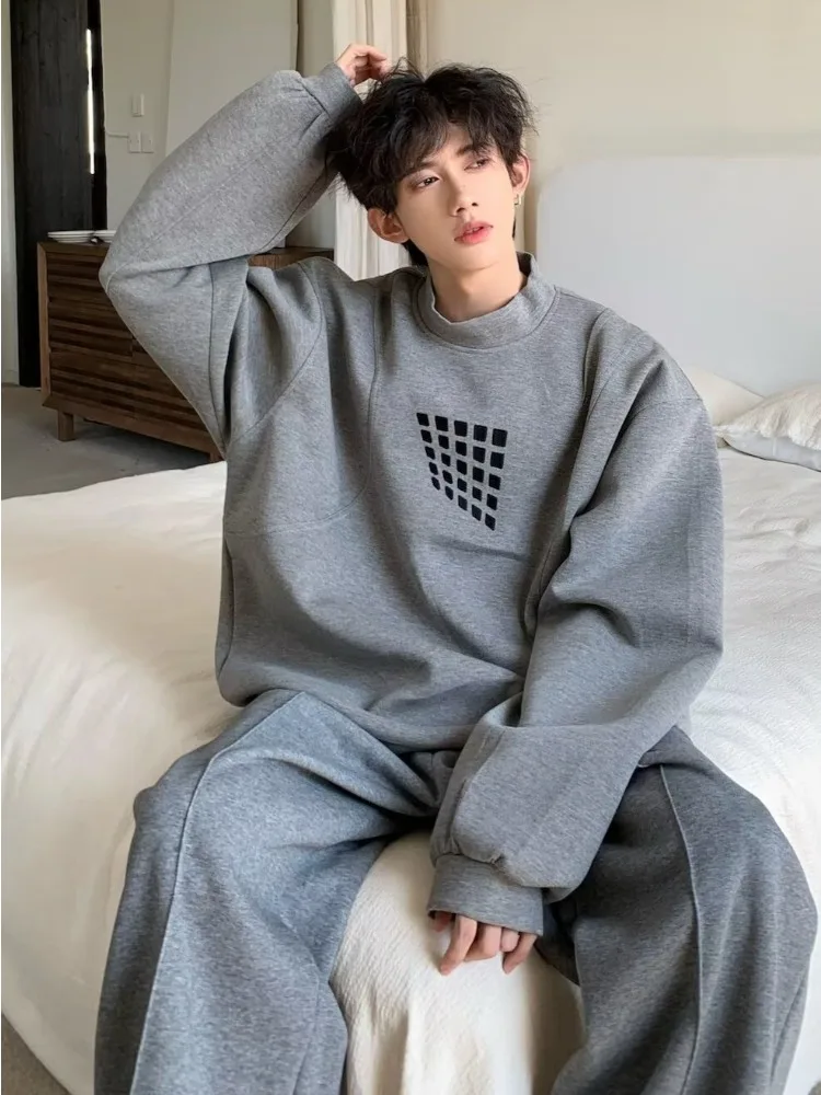 Gray Sweatshirt Men Spring Autumn Loose Casual Handsome O-neck High Street Fashion All-match Harajuku Long Sleeve Advanced Chic