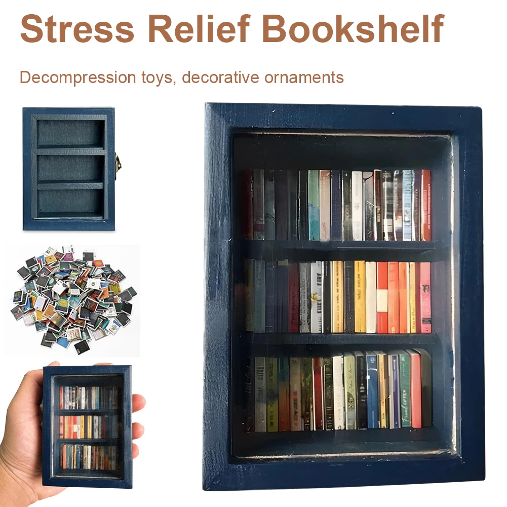 

Mini Bookshelf Ornament (60PCS Mini Books) Shake Away Your Anxiety Miniature Book Library for Home Room Living Room Office Decor