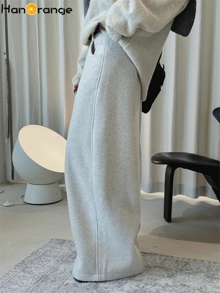 HanOrange 2026 Winter Simple with Belt Wool Composite Wide Legs Pants Women Straightening Trousers Apricot/Light Gray