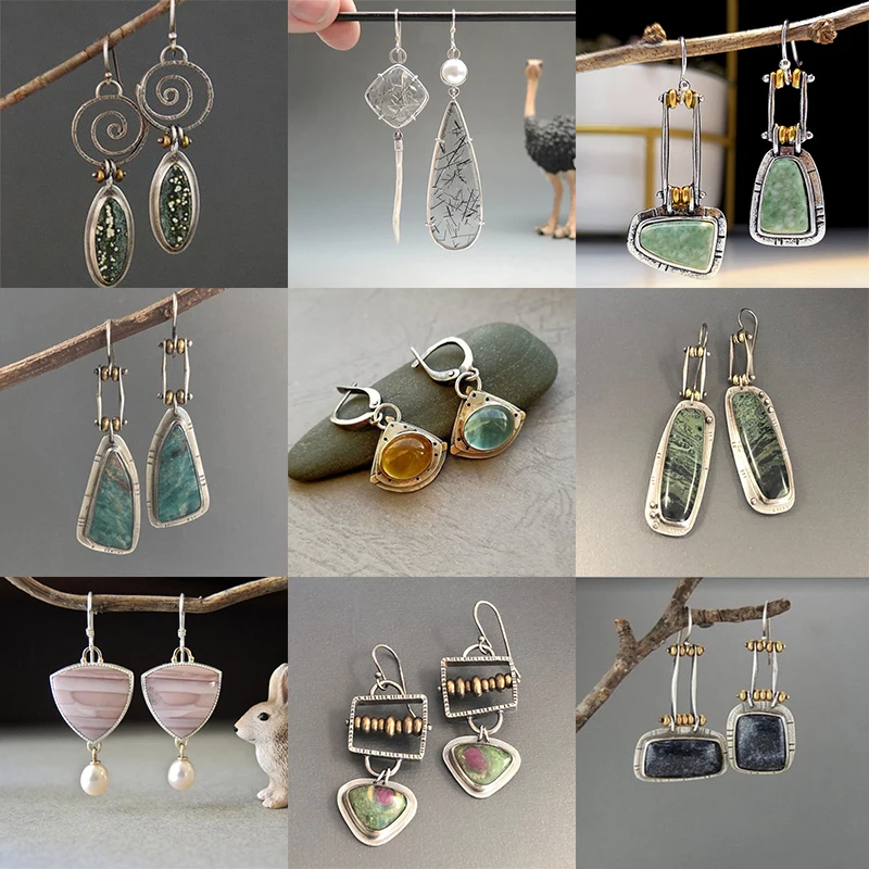 Pendientes colgantes asimétricos de piedra turquesa Vintage gitana para mujer, joyería, 1 par