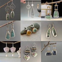 1Pair Gypsy Vintage Turquoise Stone Asymmetry Dangle Earrings For Women Jewelry