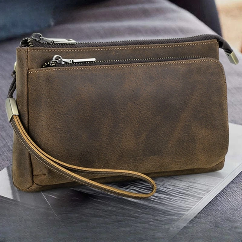 

New Retro Crazy Horse Cowhide with Wrist Strap,Data Cable, Mobile Phone Storage Bag, Multi-chain Bag, Casual Leather Storage Bag