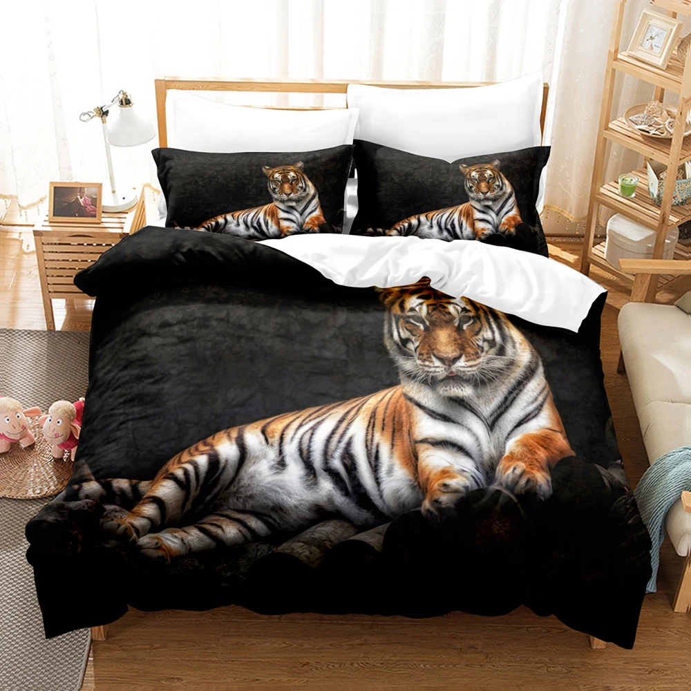 Digital Print Bedding Set Tiger Lion Cozy Brushed Polyester Duvet Cover Set King Queen Twin Single Size for Boys Birthday Gift