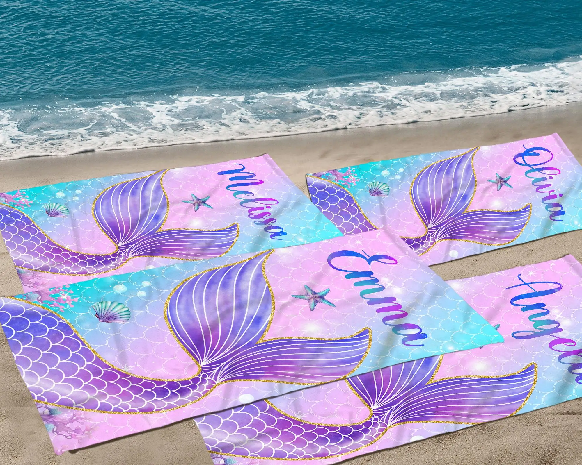 Mermaid Tail Beach Towel Personalized Custom Beach Towel Name Beautiful Oversized Bath Towel for Mermaid Favor Birthday Gifts