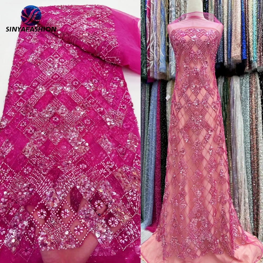 

Fuchsia Pink African French Net Embroidery Luxury Handmade 3D Sequins Beaded Lace Fabric For Wedding Party Evening Dress