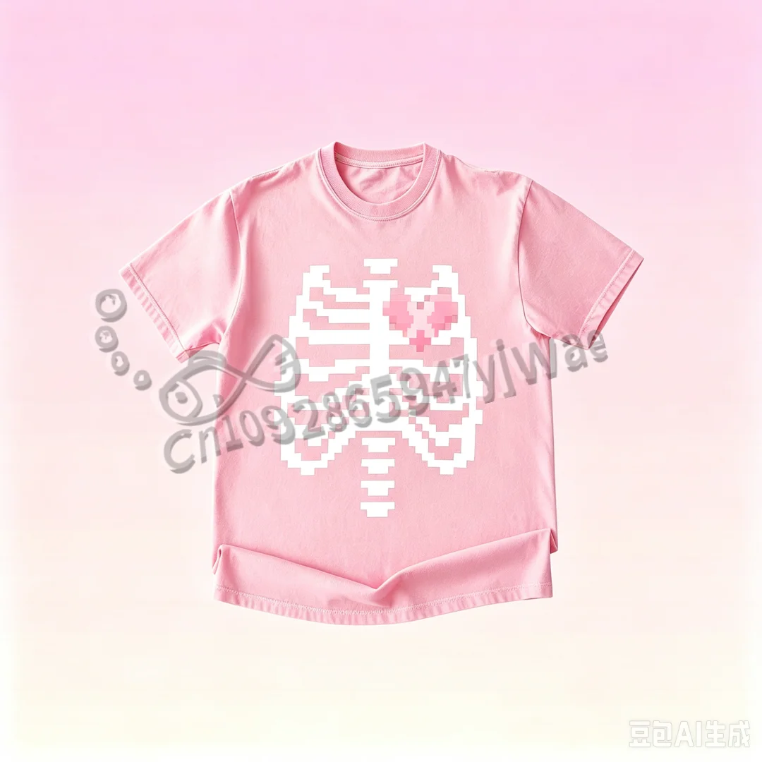Rosa Rippen-Skelett-Fledermaus-Shirt Halloween Pastell-Gothic-Stil Hexen-Shirt Kleidung Yami Kawaii Streetwear T-Shirt Damen- und Herrenbekleidung – Detail 6