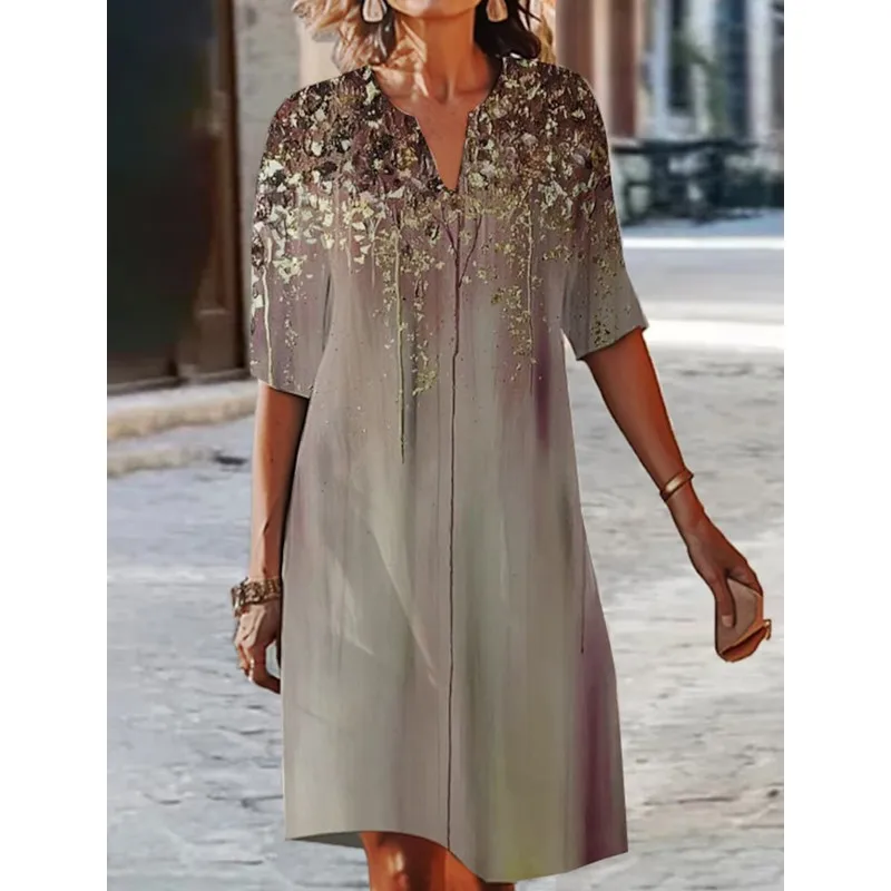 20236 Summer Women's New Fashion Casual Positioning Printed Three-quarter Sleeve V-Neck Multi-Color Midi Dress