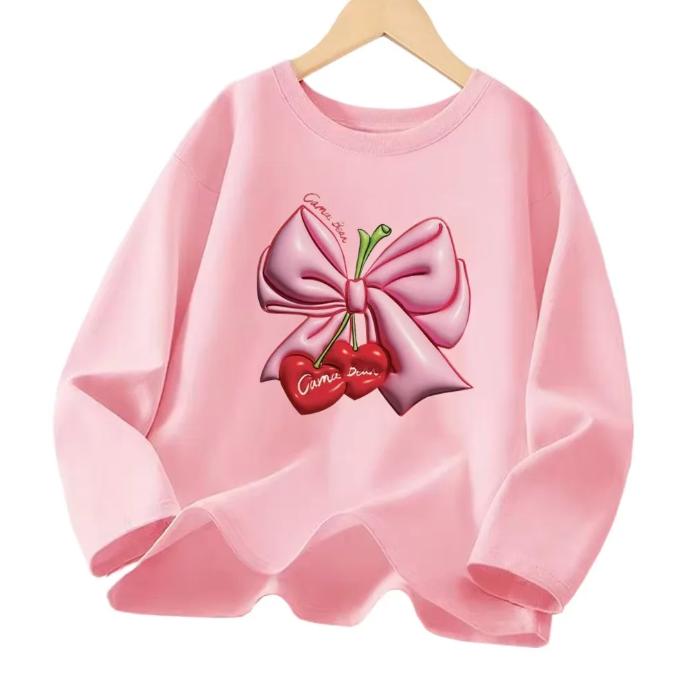 Süßes Mädchen-T-Shirt mit rosa Schleife und Kirsch-3D-Print, modisches Langarm-Baumwollshirt für Frühling und Herbst, neues Basic-T-Shirt