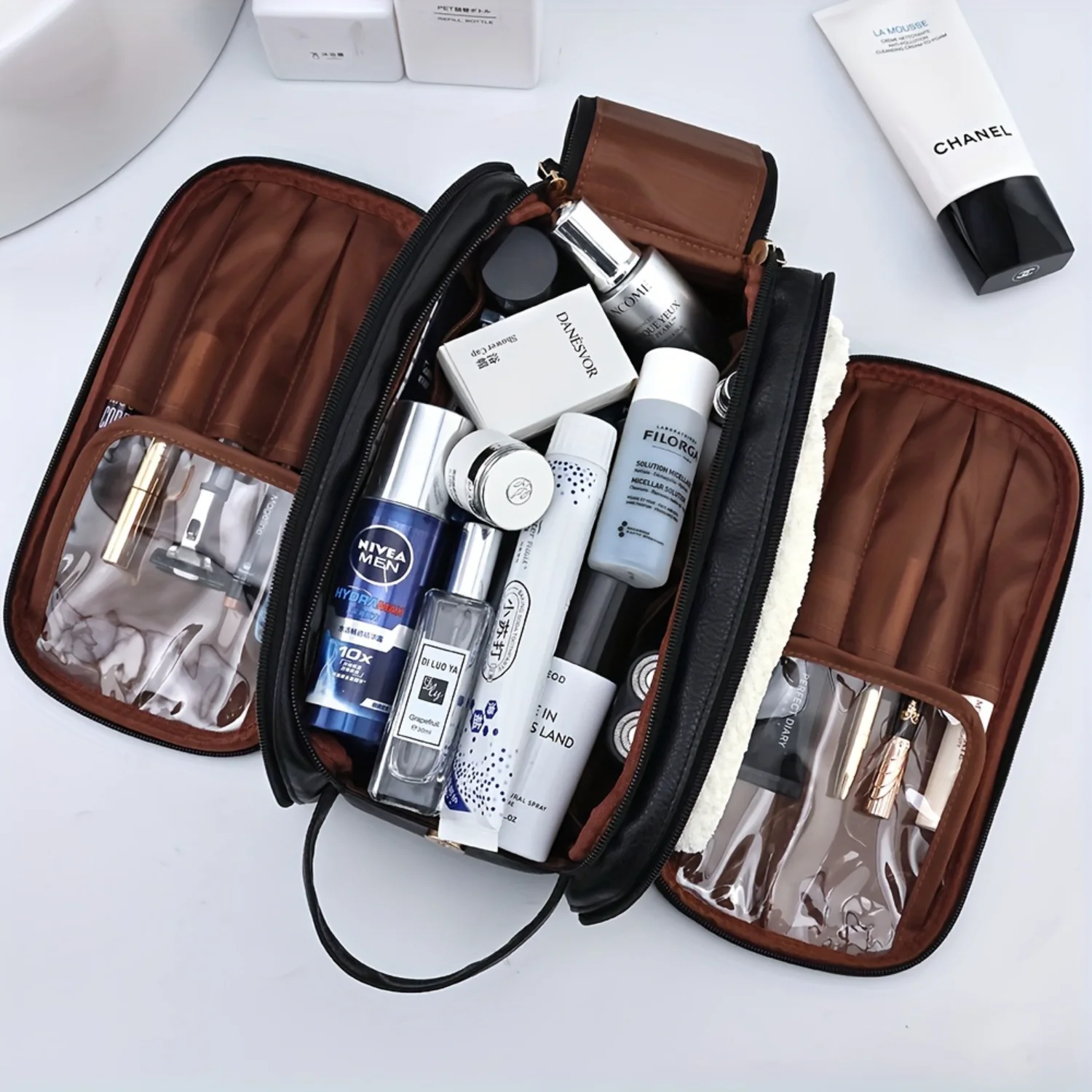 Luxurious Large Capacity Makeup Bag - Spacious Double Zipper Toiletry Organizer with Portable Travel Case, Brush Holder, and Wat