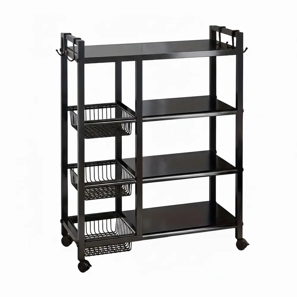 

4Layer Black Metal Storage Rack With Wheels A MultiFunctional Vegetable Rack For The Kitchen And Pantry, Featuring 3 Metal Bask