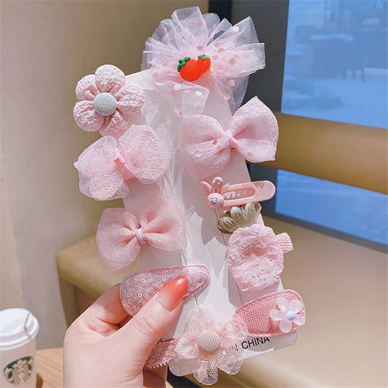 10Pcs/Set Baby Girl Broken Hair Accessories Cartoon Kids Cute Korean Style Young Children Bow Mesh Hairpin Princess Wholesale