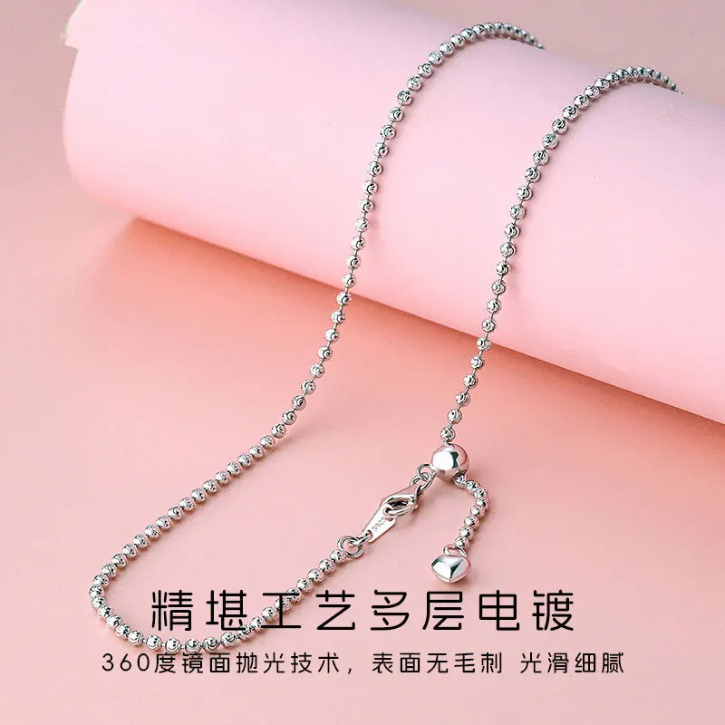 

White Gold Plated S925 Silver Heart Bead Chain | Double - layer style, pearl - inlaid moon, engraved heart, delicate & tender