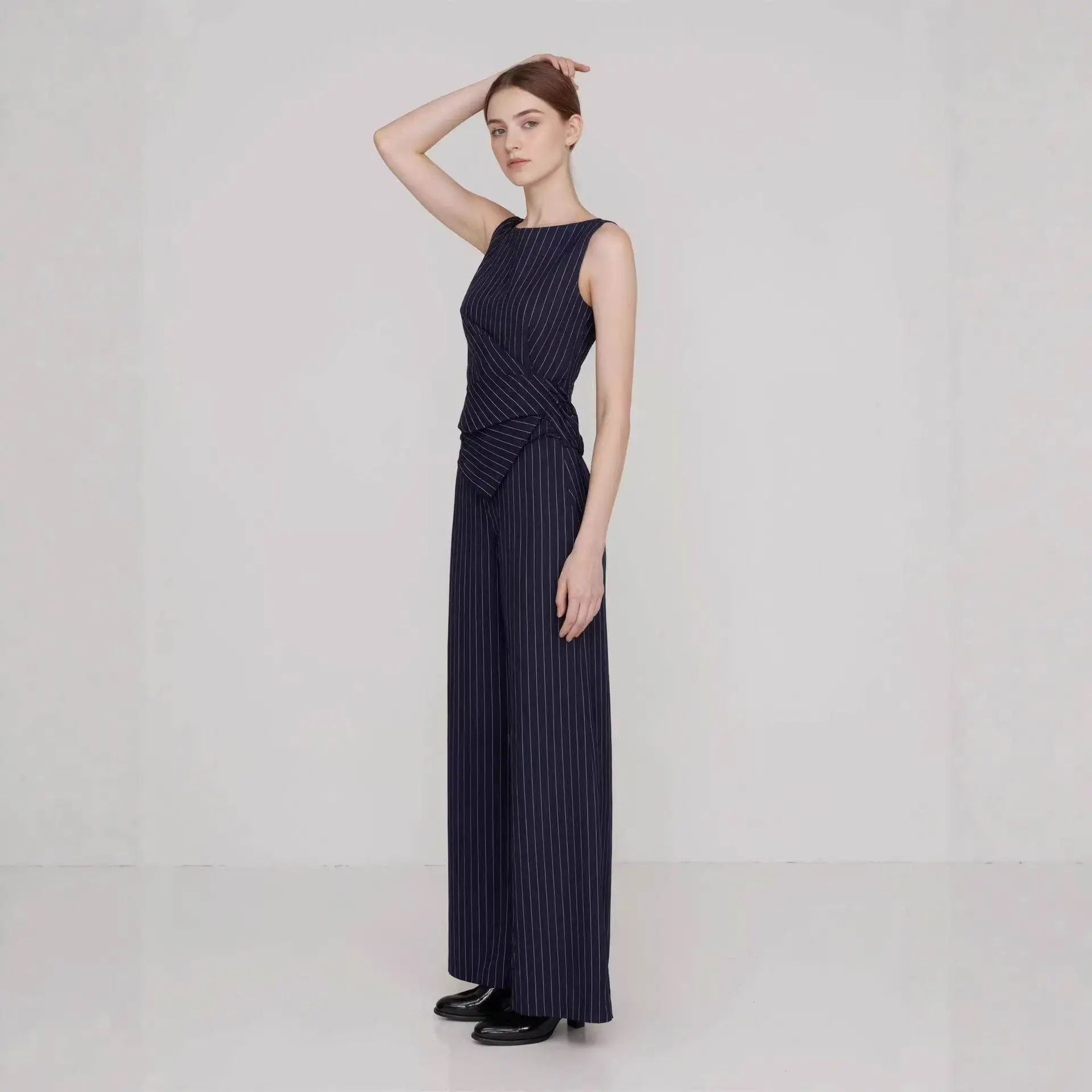 Asymmetric Stripe Fashionable Sleeveless Straight Leg Pants Set Women's Professional Outfit Polyester Long Trousers Ensemble