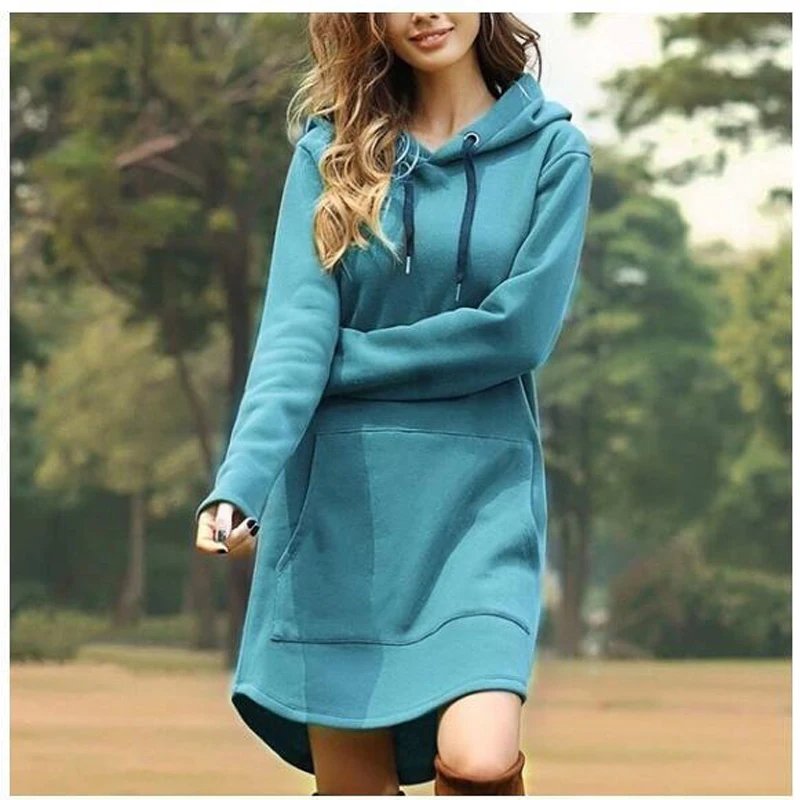 Hoodies Dress Women Autumn Solid Hooded Coat Casual Loose Pullover Sweatshirt Hoodie Dress