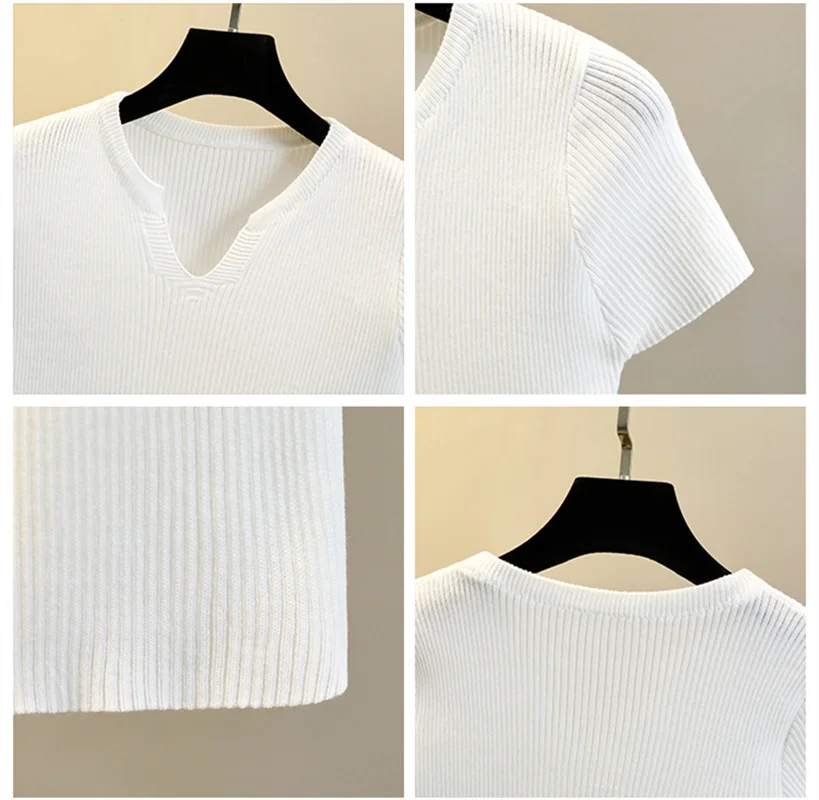 Spring summer ladies v-neck short-sleeved Knit Top Korean style slim crop top white black gray purple red thin sweater