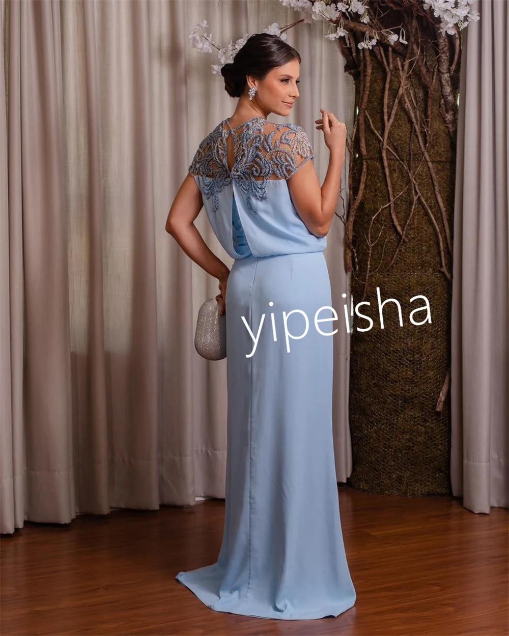 Customized Exquisite Chiffon Pleat Pattern Straight Jewel Long Dresses Prom  High Quality Sparkle Sizes Available