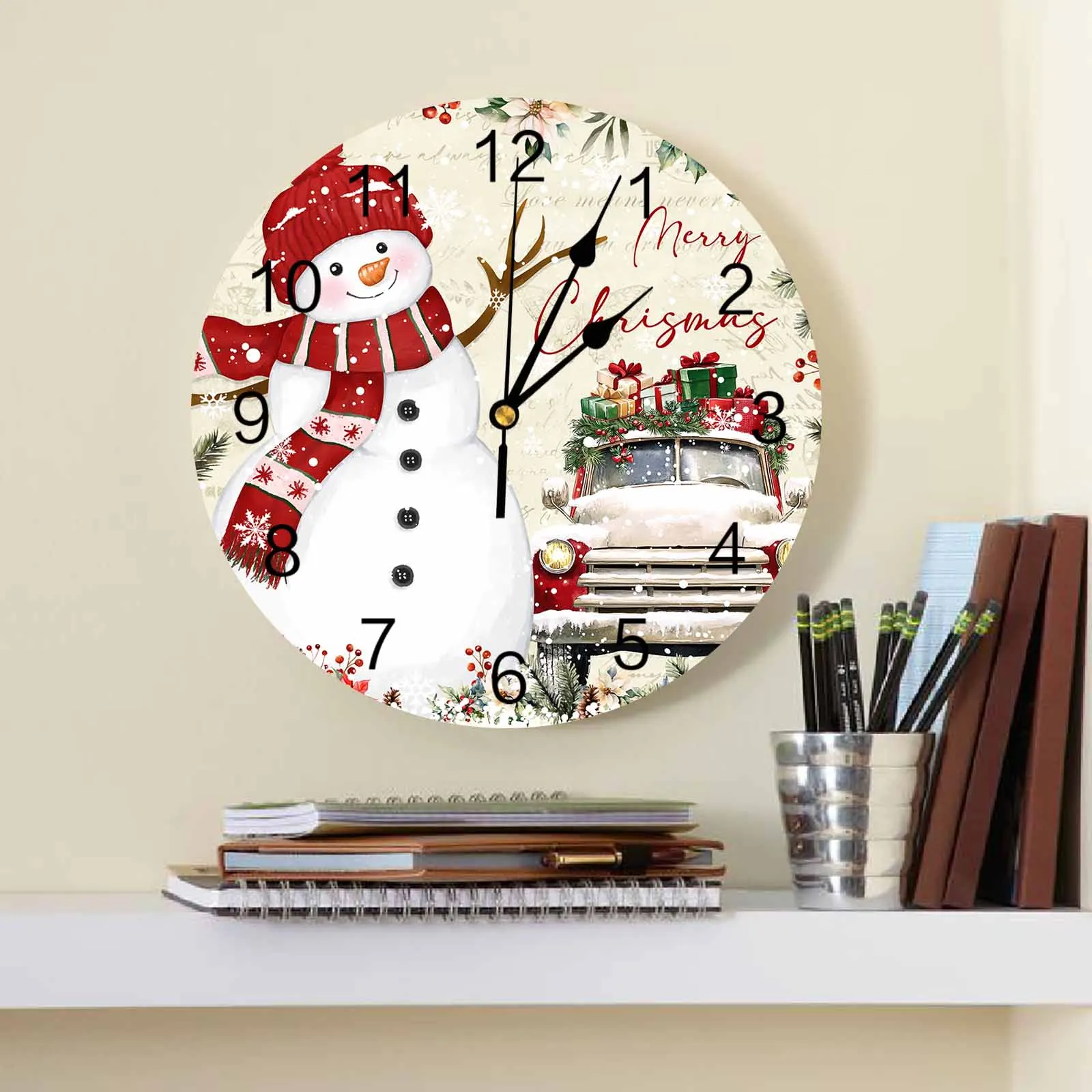 Christmas And Winter Snowman Poinsettia Wall Clock Large Modern Kitchen Dinning Round Wall Clocks Watches Living Room