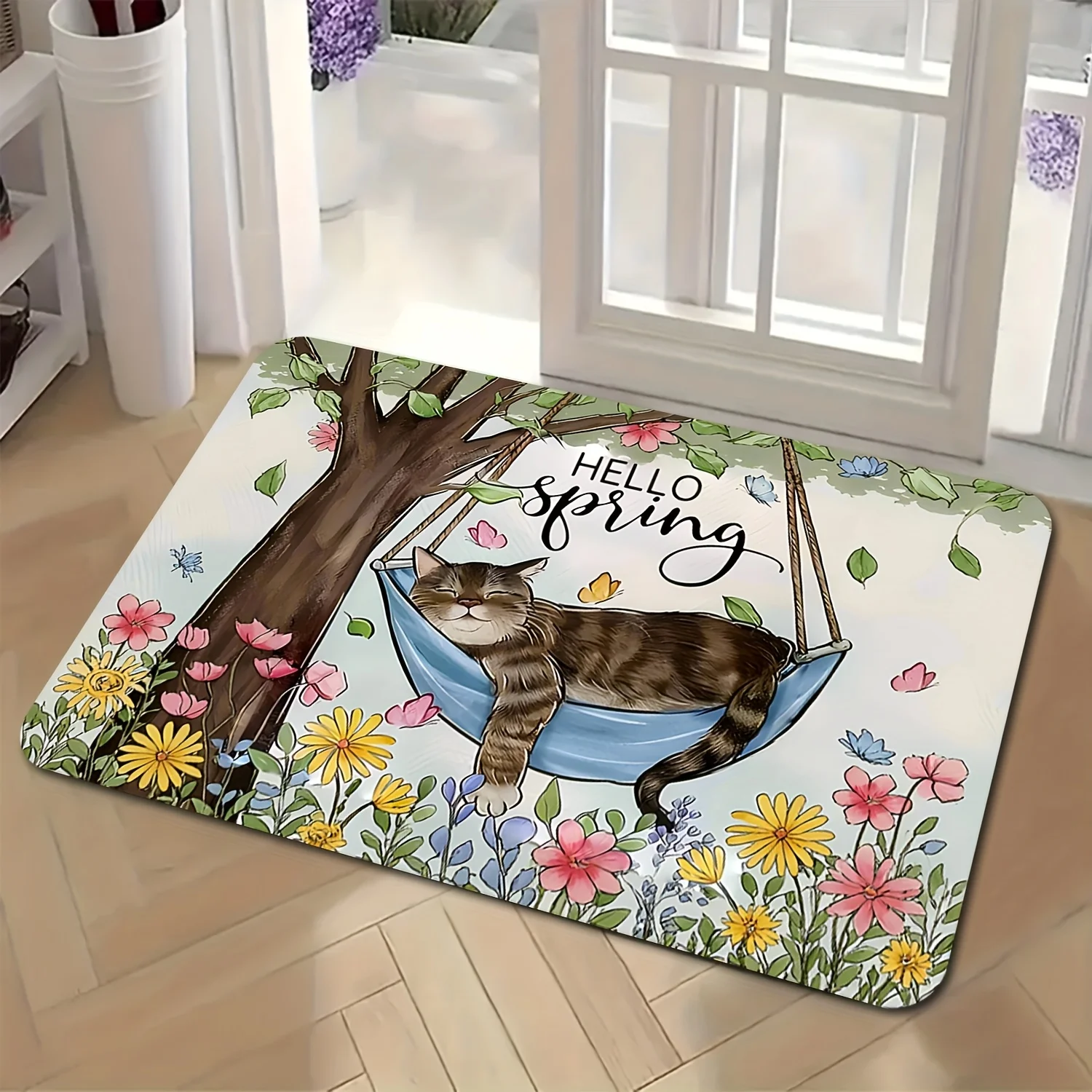 Hello Spring Sleeping Cat Swing Door Mat, Non-Slip Washable Welcome Rug, Durable Anti-Fade Entrance Carpet for Home Decoration