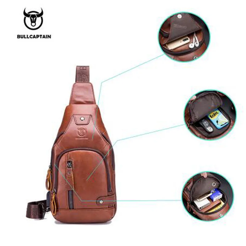 BULLCAPTAIN men\'s USB chest bag  Messenger bag for Men Messenger bag leather shoulder bag diagonal package new travel backp