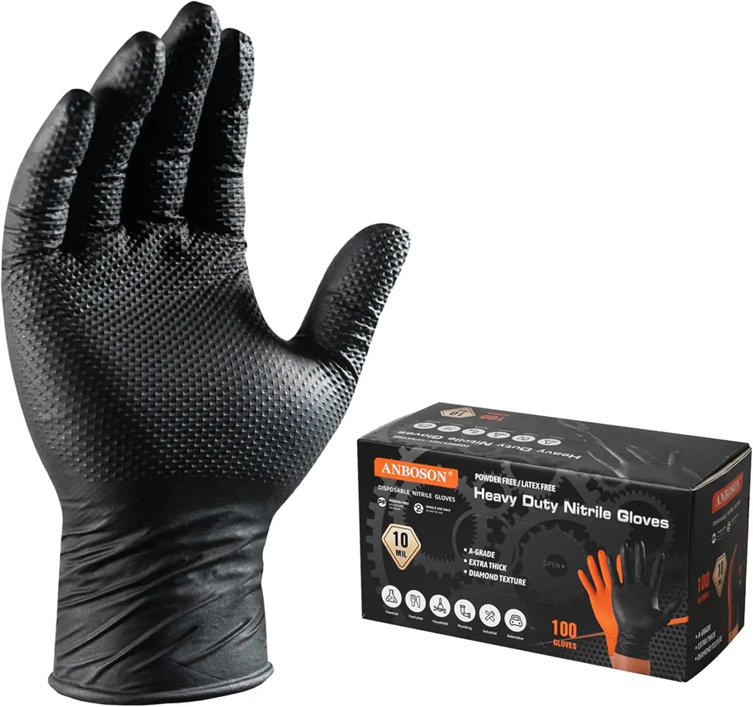 

Heavy Duty 10 Mil Nitrile Gloves, Latex-Free, Powder-Free, Chemical Resistant for Mechanics and Industrial Work