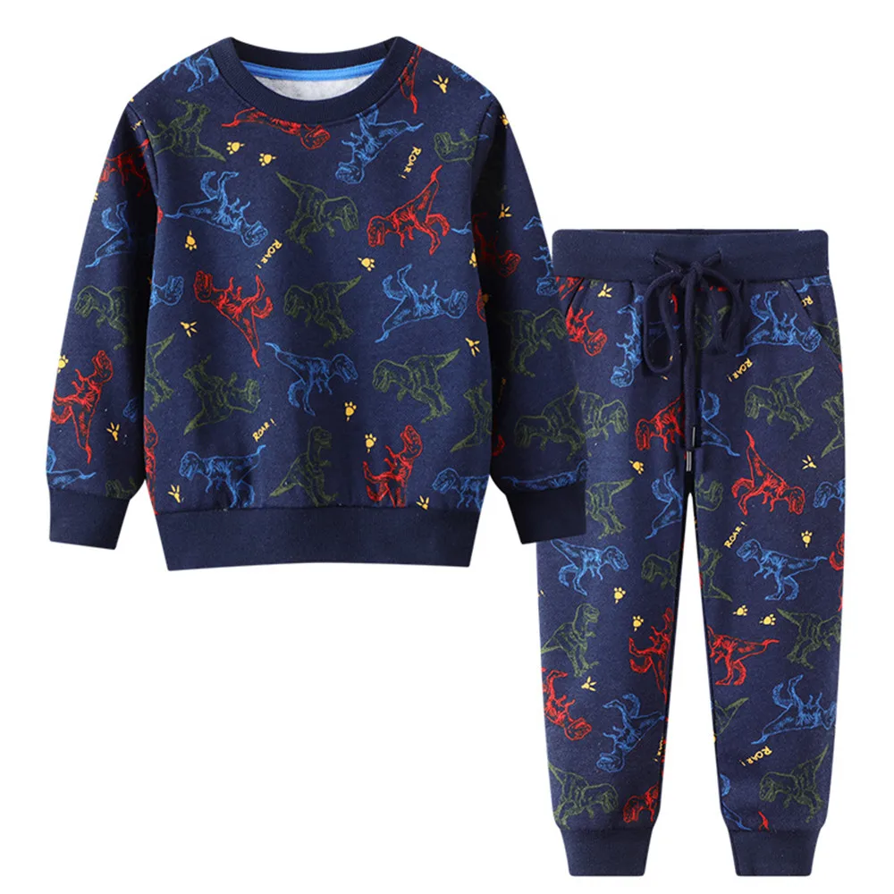   Jumping Meters Hot Selling Boys Girls Hooded Clothing Sets Dinosaurs Print Autumn Winter Kids Outfits Hooded + Sweatpants Suit