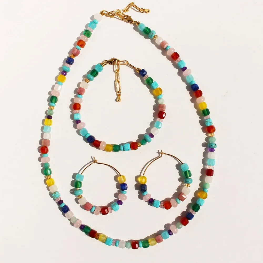 

Niche Fashion Natural Gemstone Beaded Necklace Bracelet Colorful Beads Clavicle Chain Hoops Bracelet Sets