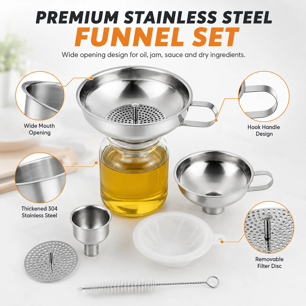 3/6 Pack Stainless Steel Wide Mouth Canning Funnels Set With Removable Strainer For Transferring Salad Dressing Jam Hot Oil
