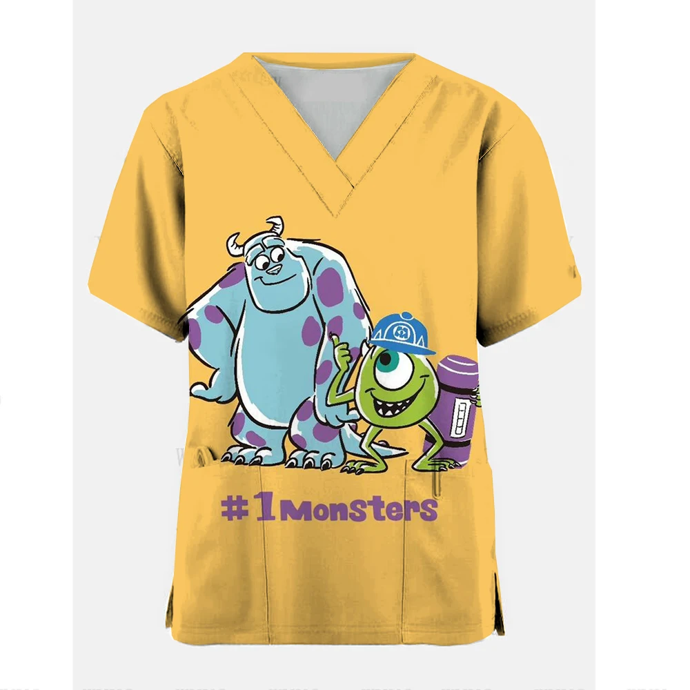 Disney-blusa médica con estampado de monstruo Power Company para mujer, para el cuidado de la salud uniforme de enfermera, Tops de manga corta para mujer, camiseta de enfermería