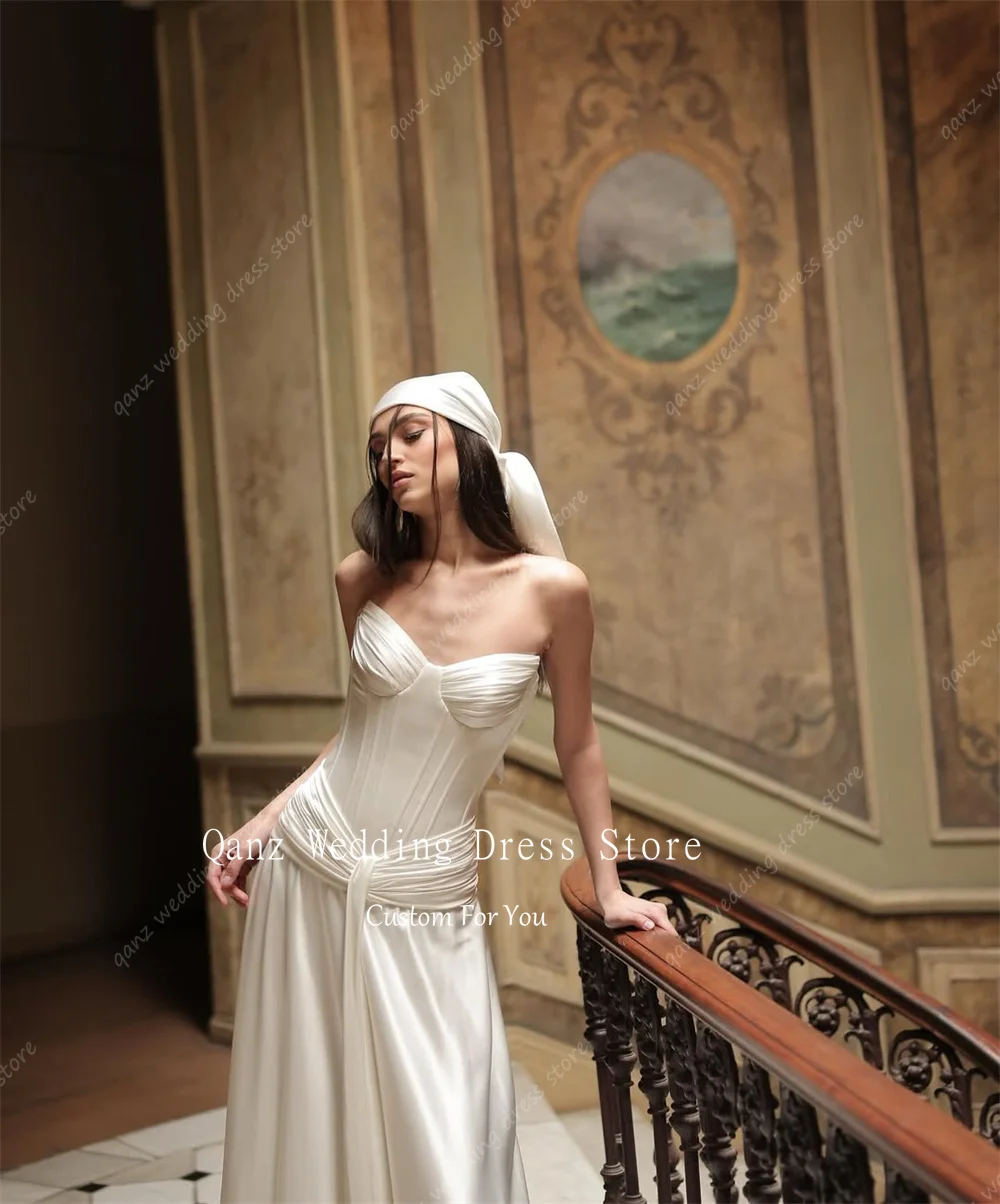 Qanz Minimalism Long A Line Wedding Dress High Qulity Satin Ivory Dress For Woman Elegant Party Backless Bridal Gowns Customized