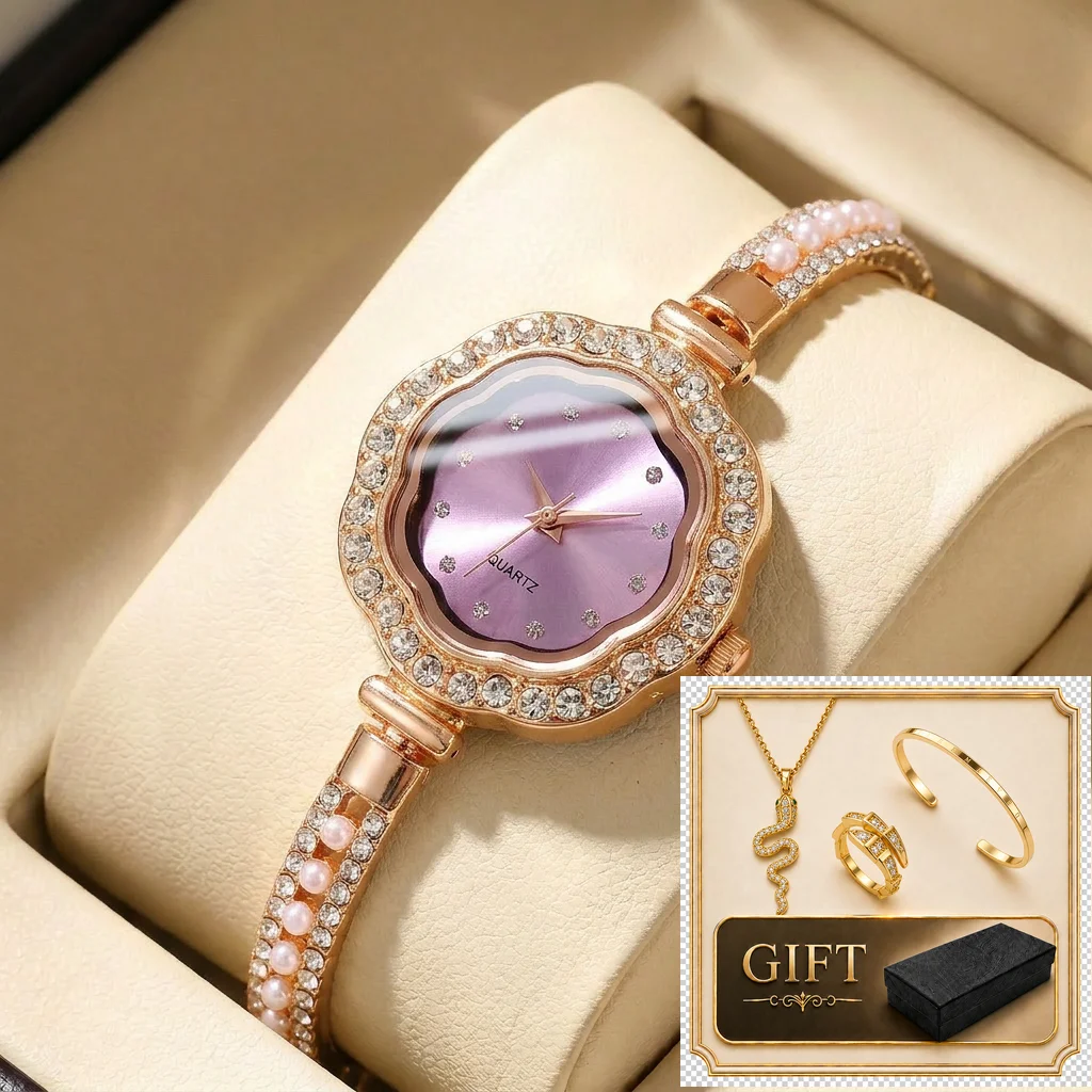 

4pcs gift box set Women's purple dial alloy strap fashion jewelry details Quartz Watch Gift Box Set for party holiday