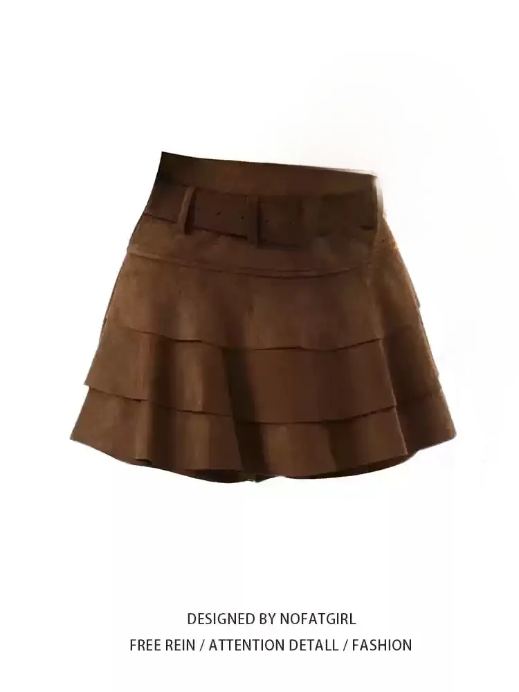 High Waist Cake Skirt Women's Loose A-Line  Skirt plus Size Slimming Coffee Color Warmth Heating Inner Lined No 