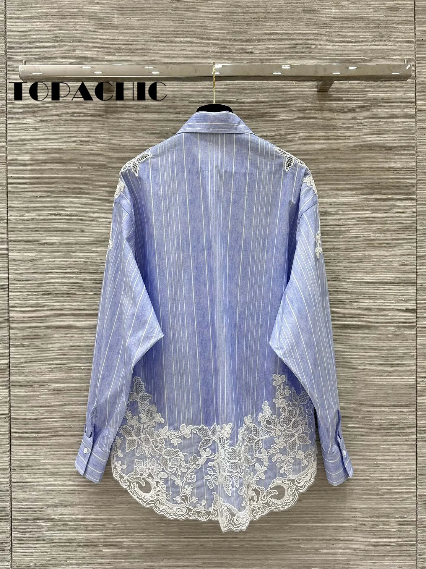 1.8 TOPACHIC-Women High Quality Embroidered Hollow Out Lace Spliced Blouse Single Breasted Long Sleeve Shirt